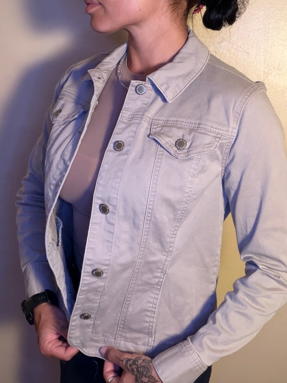 Charter Club Classic Beige Denim Jacket - Casual Collar Button-Up Very Stretchy - Picture 2 of 6
